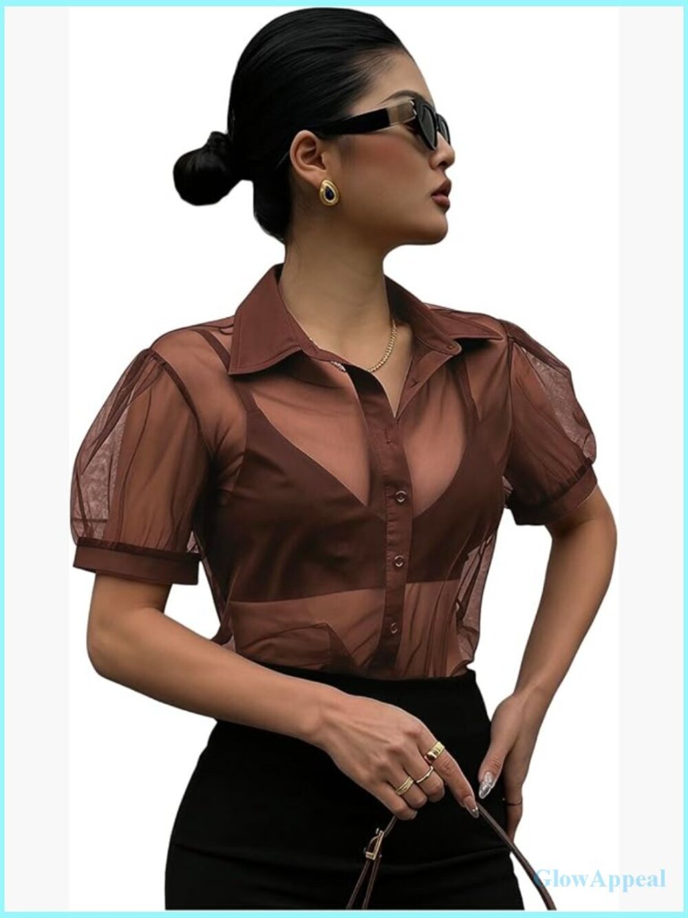 Sheer Puff Sleeve Crop Top Blouse Y2K Mesh Button Down Shirt